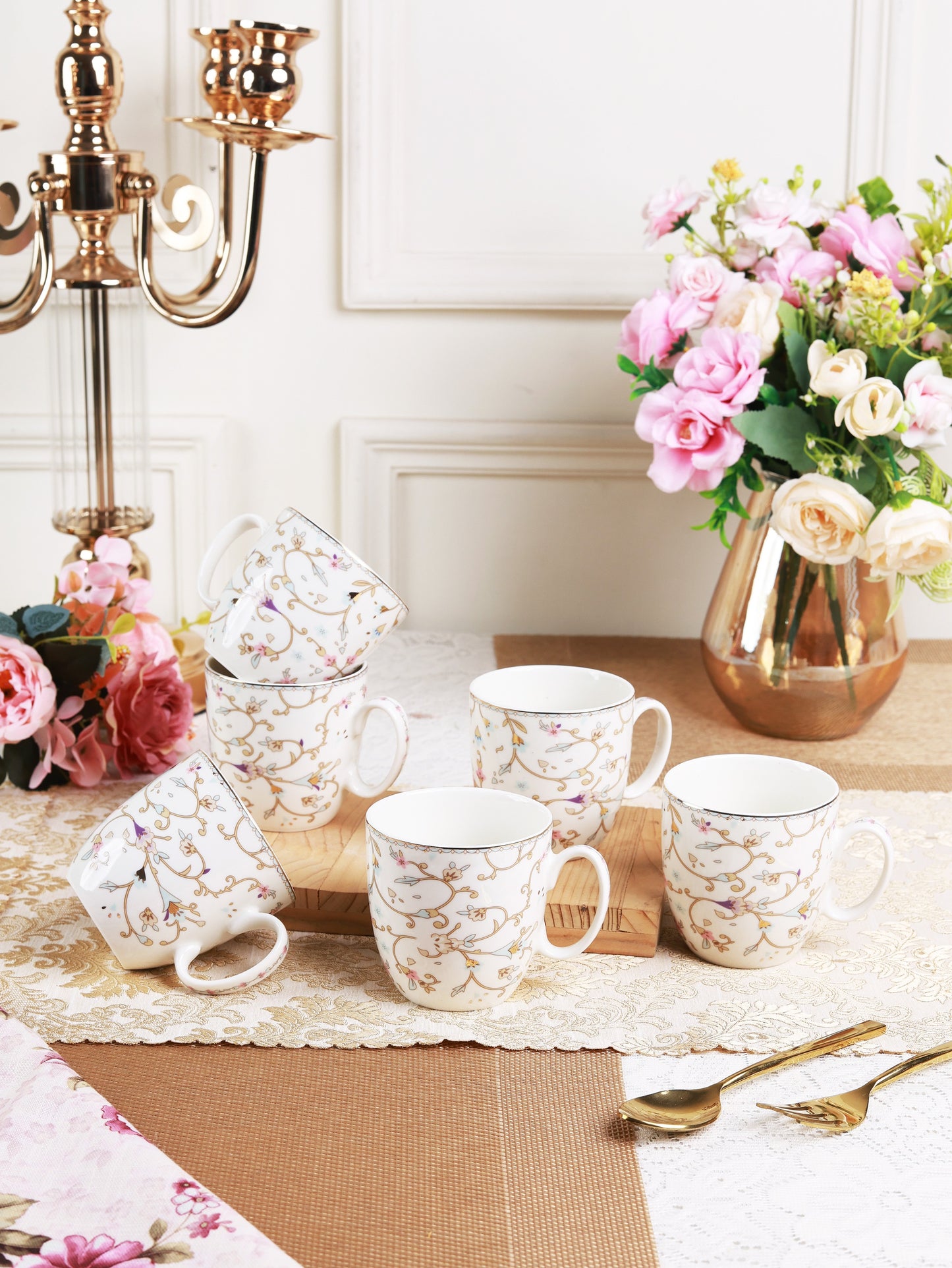 White Pattern Mug Set (Capacity 200 ML, Set of 6) - Vigneto