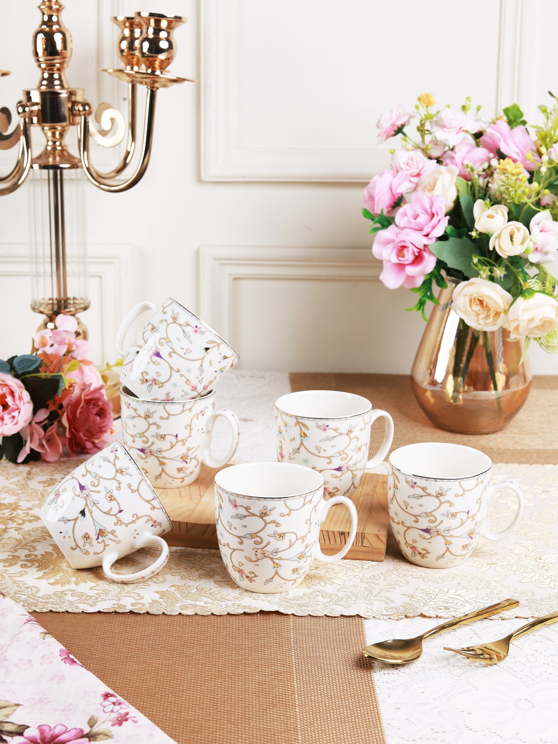 White Pattern Mug Set (Capacity 200 ML, Set of 6) - Vigneto