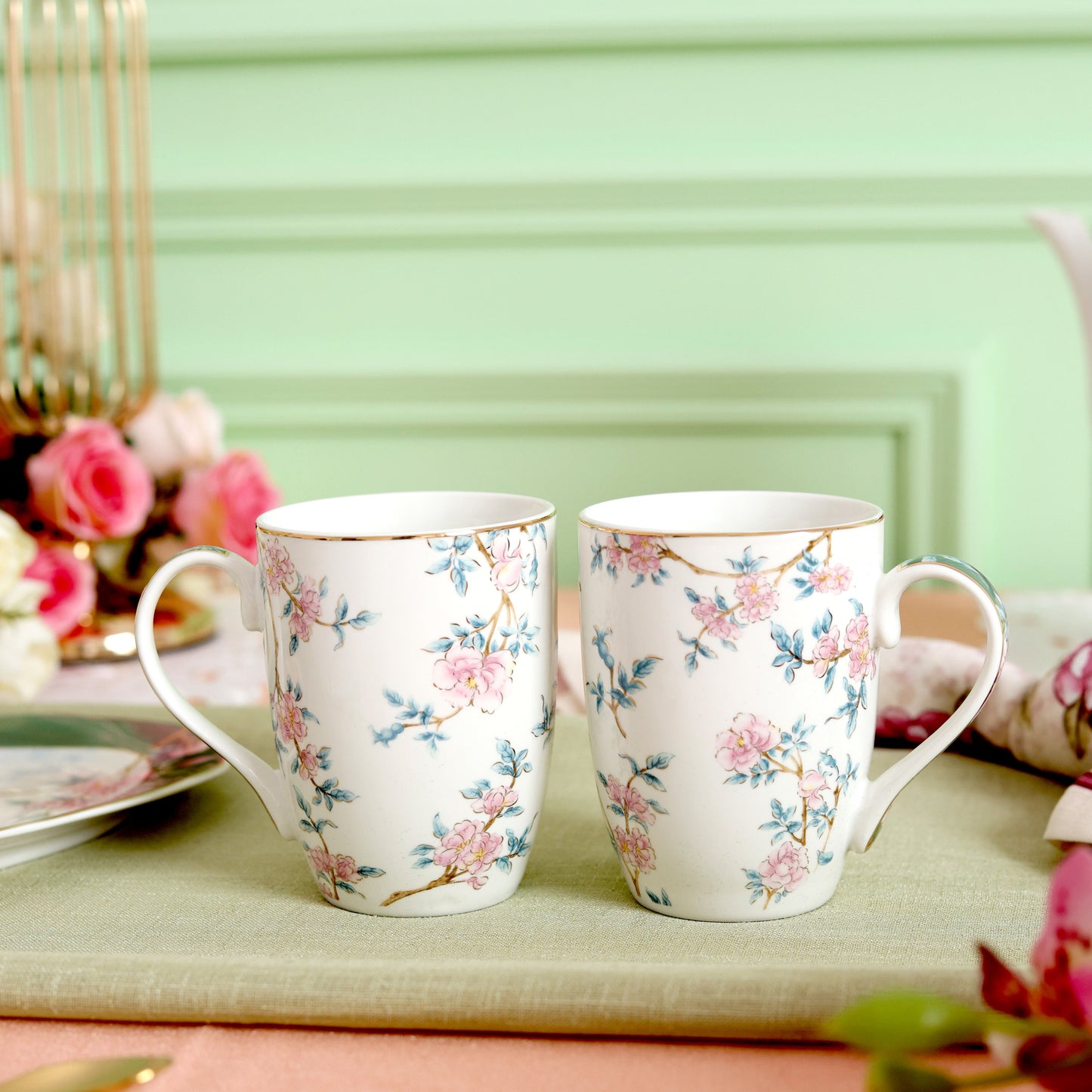 Victorian Green Coffee Mugs (Set of 4, 300 ML)