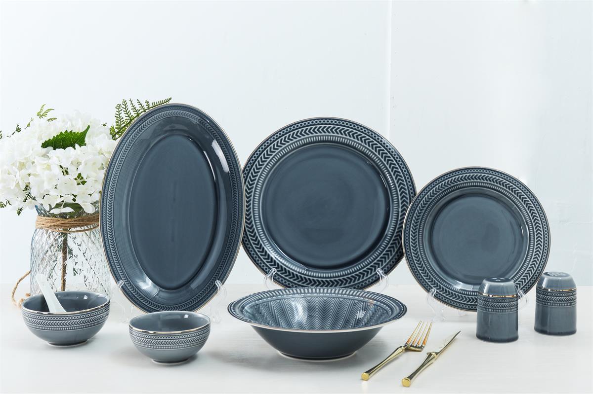 Grey Emboss 35 Pcs Dinner Set (Colour Glaze Collection)
