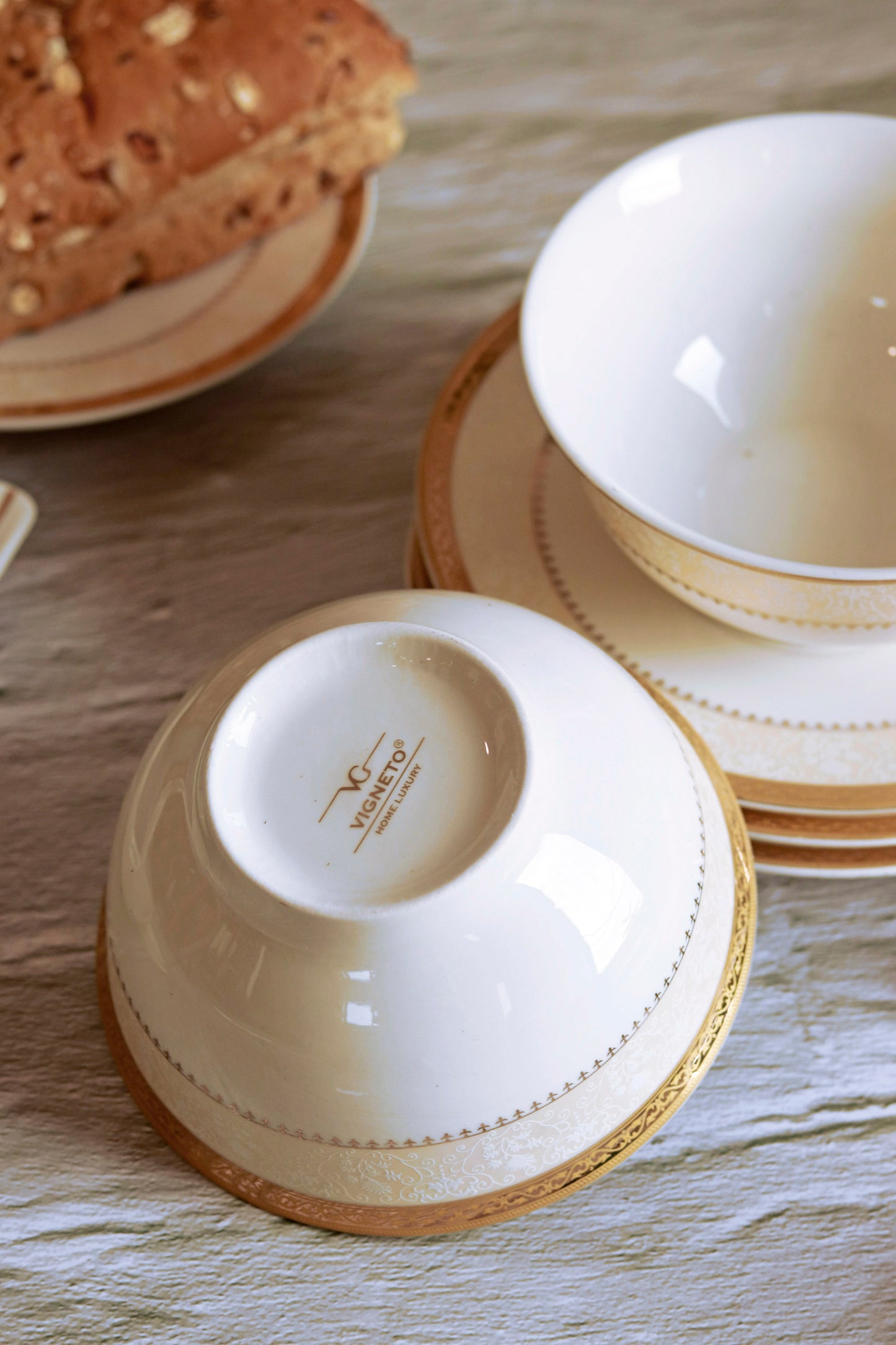 Crème Gold 18 Pcs Soup Set (6 Soup Bowls, 6 Soup Spoons, 6 Soup Plates) - Vigneto