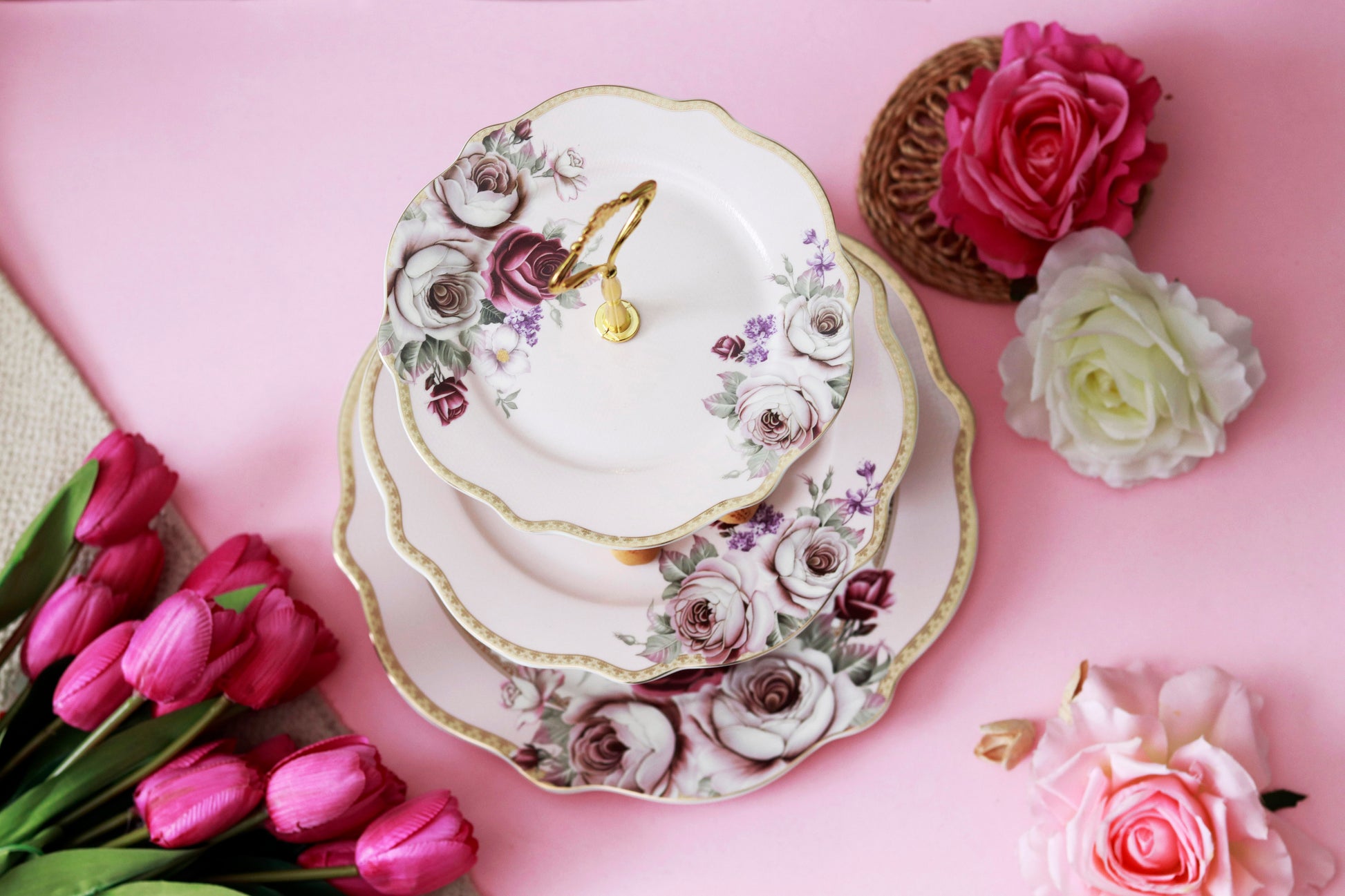 Rose Garden Three Tier Dessert Stand - Vigneto