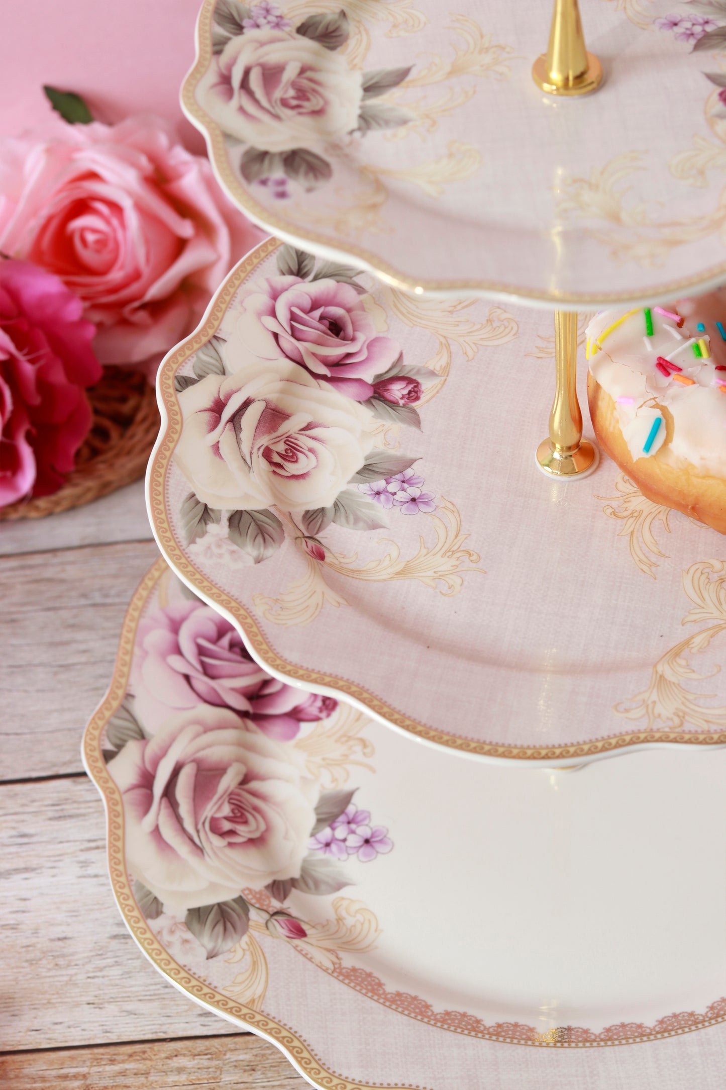 Gold Roses Three Tier Dessert Stand - Vigneto