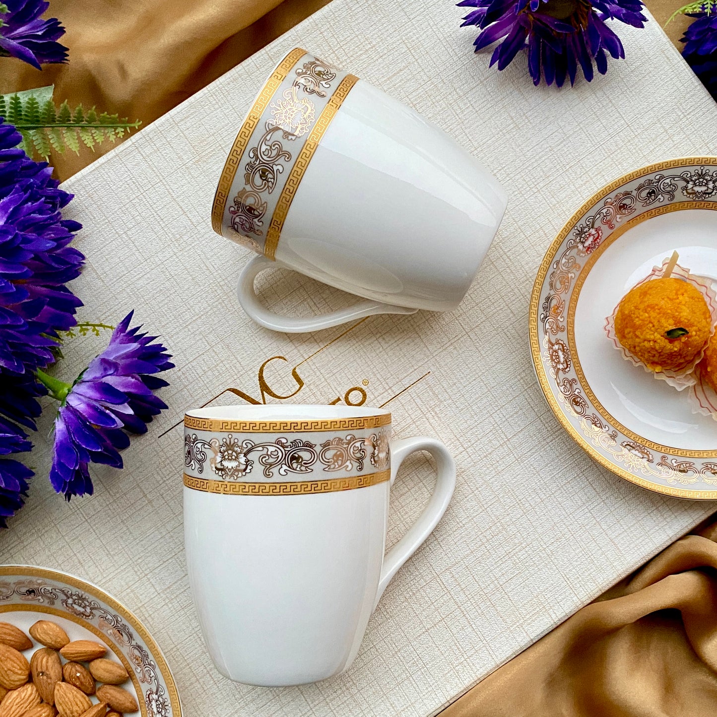 Mughal Gold and Grey Coffee Mugs (Set of 2, 300 ML) - Vigneto