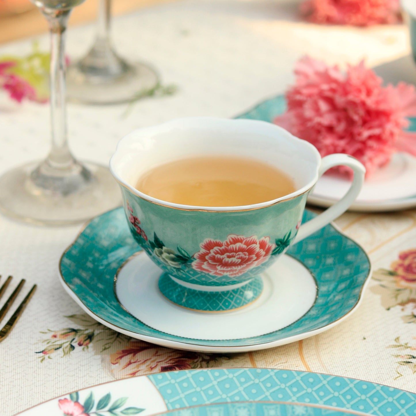 Jade Blossom Cup and Saucer Set (Vintage Collection, 6 Cups and 6 Saucers)