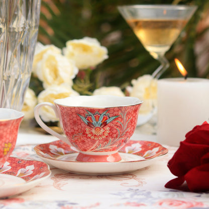 Scarlet Blume Cup and Saucer Set (Vintage Collection, 6 Cups and 6 Saucers)