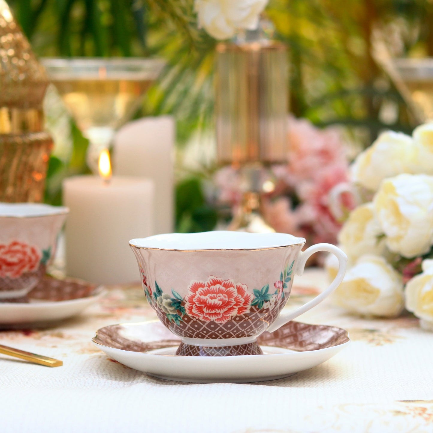 Sepia Blossom Cup and Saucer Set (Vintage Collection, 6 Cups and 6 Saucers)