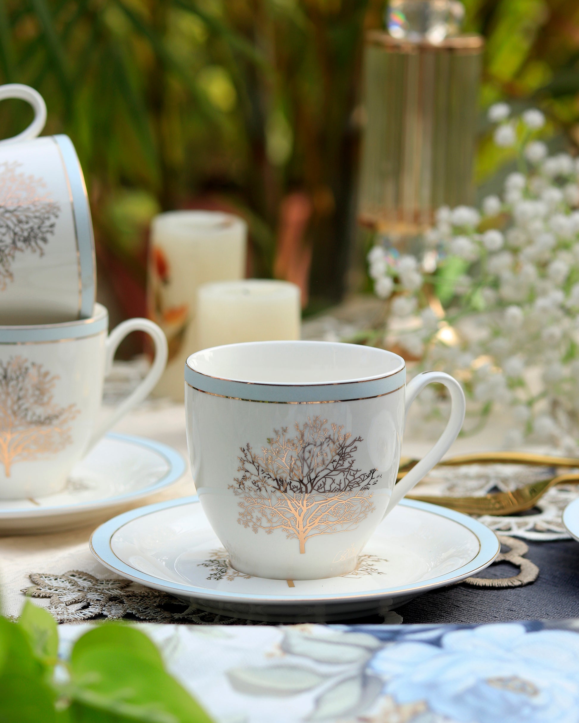 Celestial Blue Cup and Saucer Set (6 Cups and 6 Saucers) - Vigneto