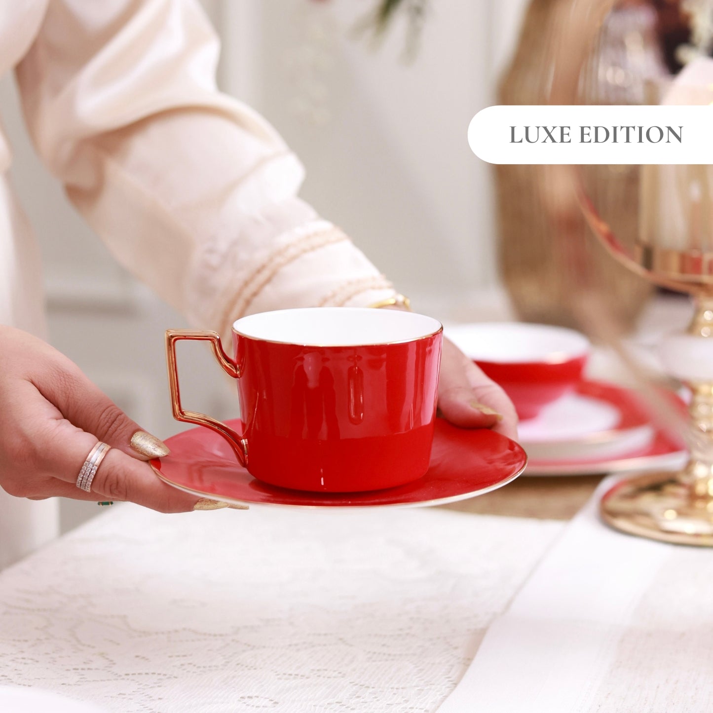 Crimson Royale Cup and Saucer Set (Luxe Edition, 24K Gold, In glaze)