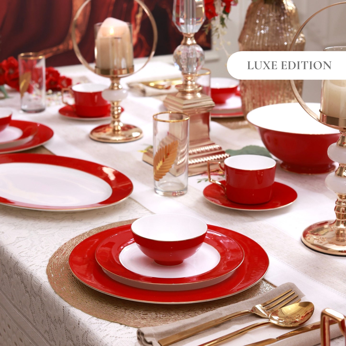 Crimson Royale 21 Pcs Dinner Set (Luxe Edition, 24K Gold, In glaze)