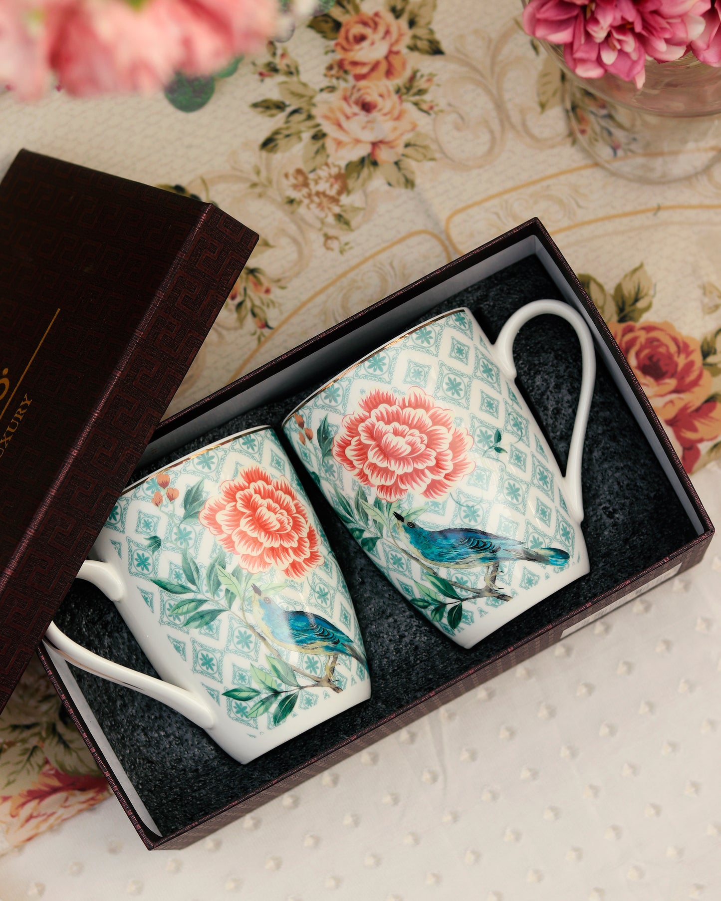 Jade Blossom Coffee Mugs (Set of 2, 300 ML)