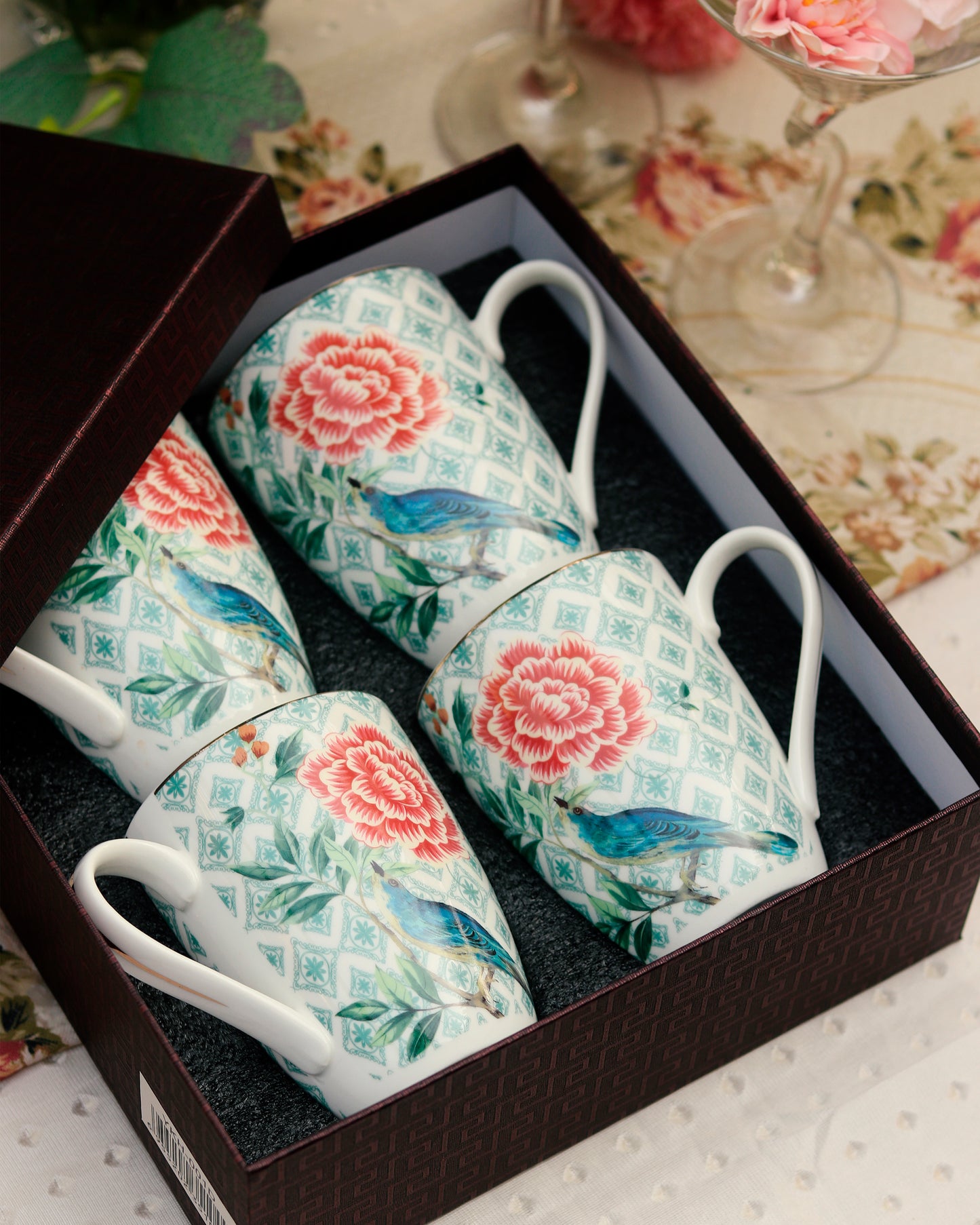 Jade Blossom Coffee Mugs (Set of 4, 300 ML)