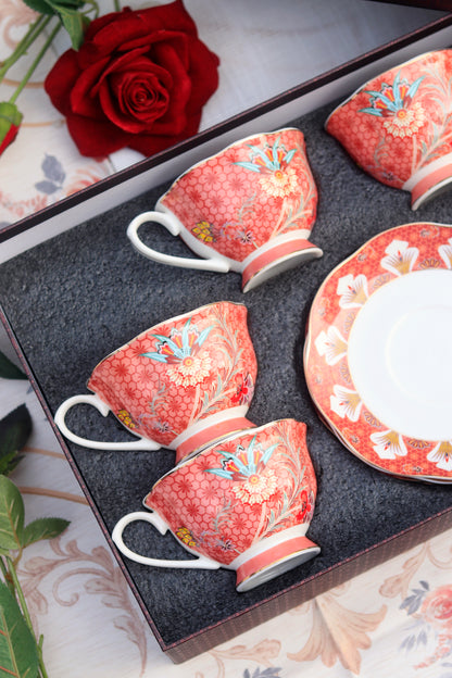 Scarlet Blume Cup and Saucer Set (Vintage Collection, 6 Cups and 6 Saucers)