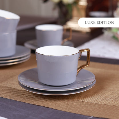 Opulent Grey Cup and Saucer Set (Luxe Edition, 24K Gold, In glaze)