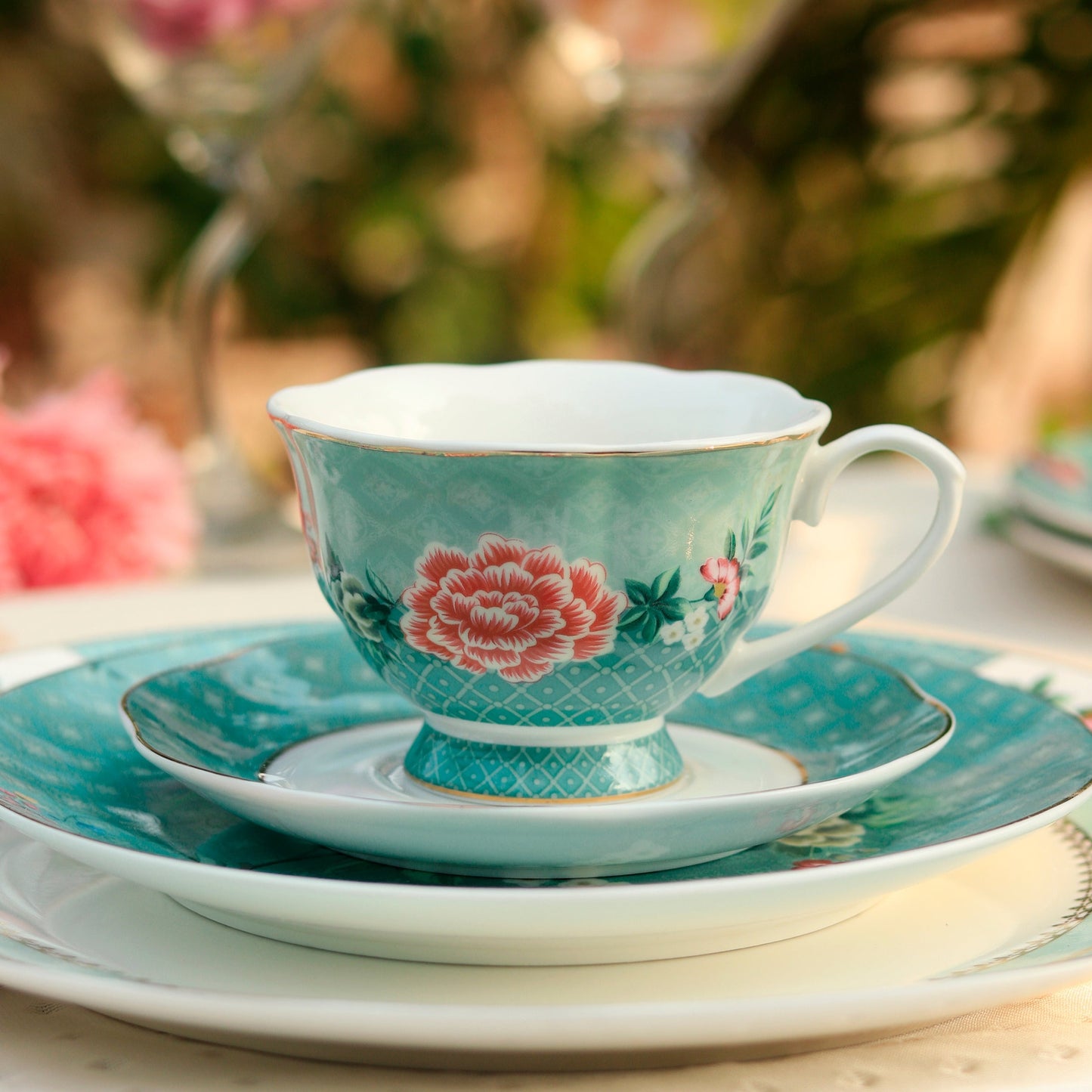 Jade Blossom Cup and Saucer Set (Vintage Collection, 6 Cups and 6 Saucers)