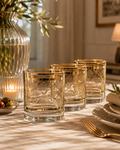 Arabesque Aurum 6 Pcs Whiskey Glasses (Palace Collection, 24K Gold Etched)