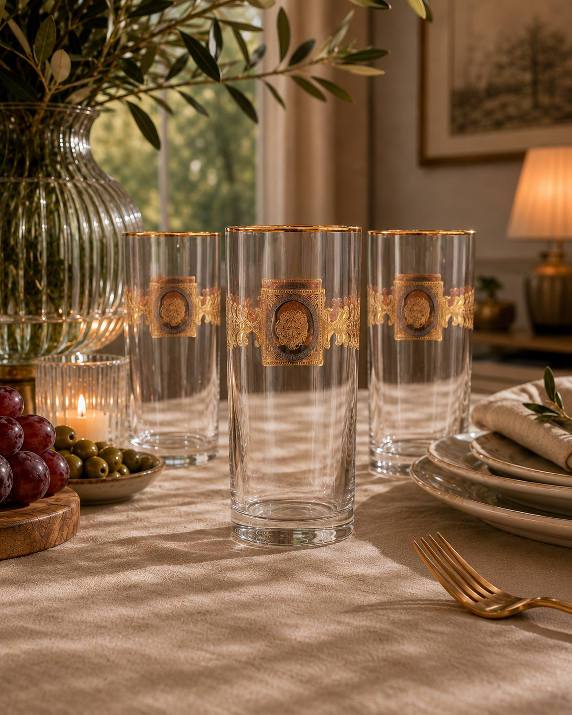 Versailles Crest 6 Pcs Water Glasses (Palace Collection, 24K Gold Etched)