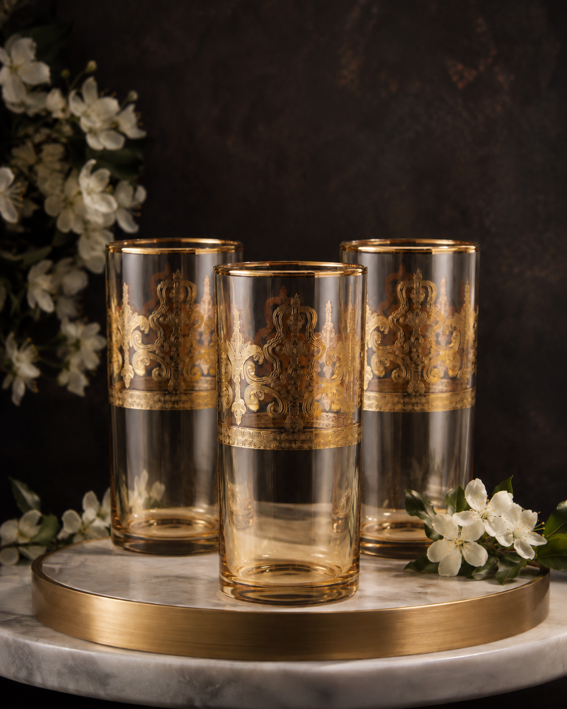Gilded Amber 6 Pcs Water Glasses (Palace Collection, 24K Gold Etched)