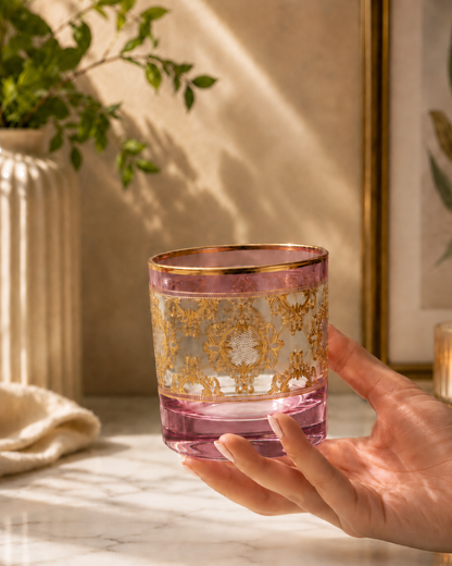 Rosé d’Or 6 Pcs Whiskey Glasses (Palace Collection, 24K Gold Etched)