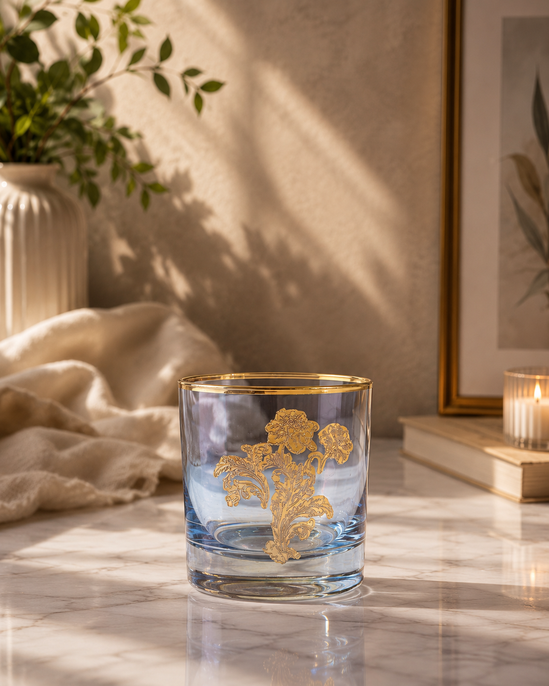 Sapphire Wisteria 6 Pcs Whiskey Glasses (Palace Collection, 24K Gold Etched)