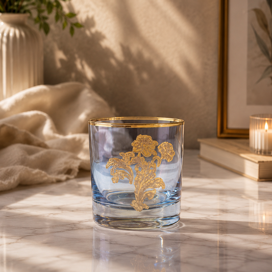 Sapphire Wisteria 6 Pcs Whiskey Glasses (Palace Collection, 24K Gold Etched)