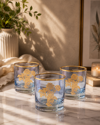 Sapphire Wisteria 6 Pcs Whiskey Glasses (Palace Collection, 24K Gold Etched)