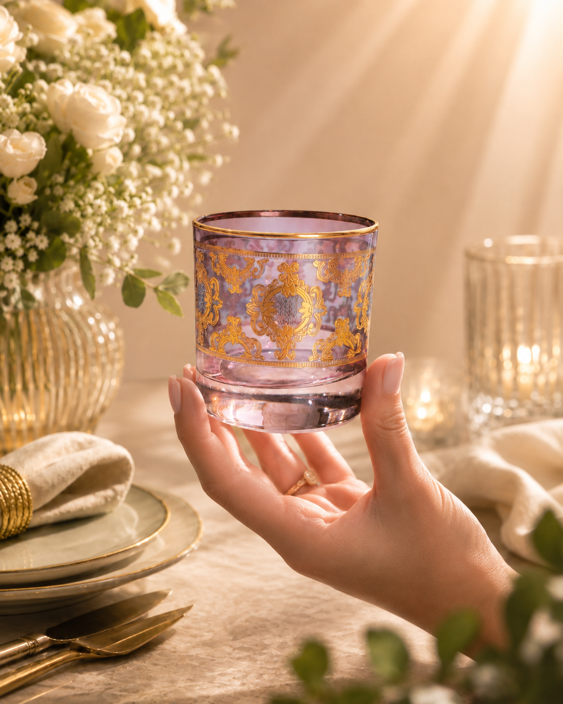 Améthyste Royale 6 Pcs Whiskey Glasses (Palace Collection, 24K Gold Etched)