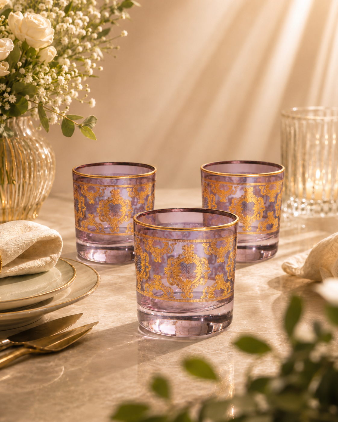Améthyste Royale 6 Pcs Whiskey Glasses (Palace Collection, 24K Gold Etched)
