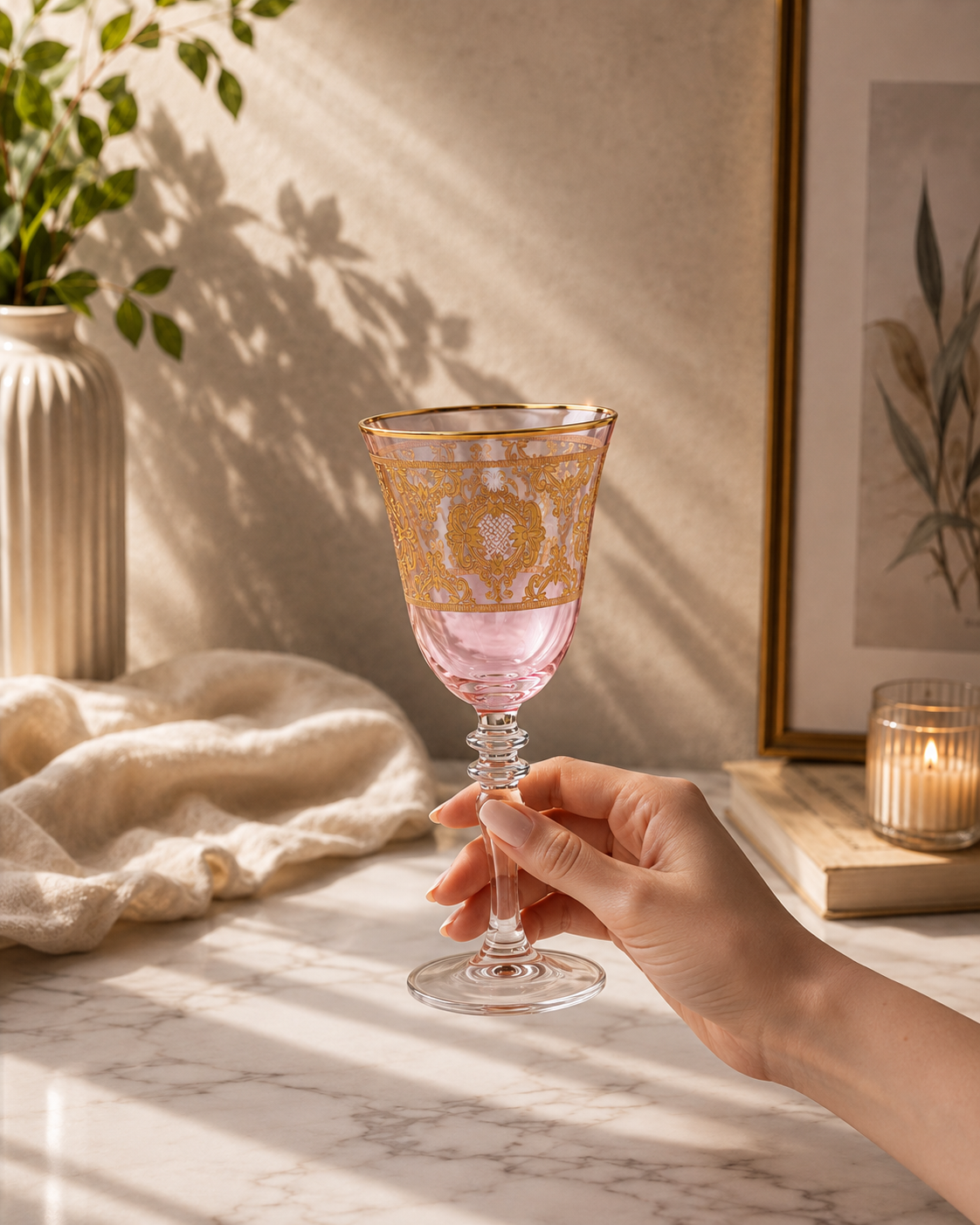 Rosé d’Or 6 Pcs Wine Glasses (Palace Collection, 24K Gold Etched)