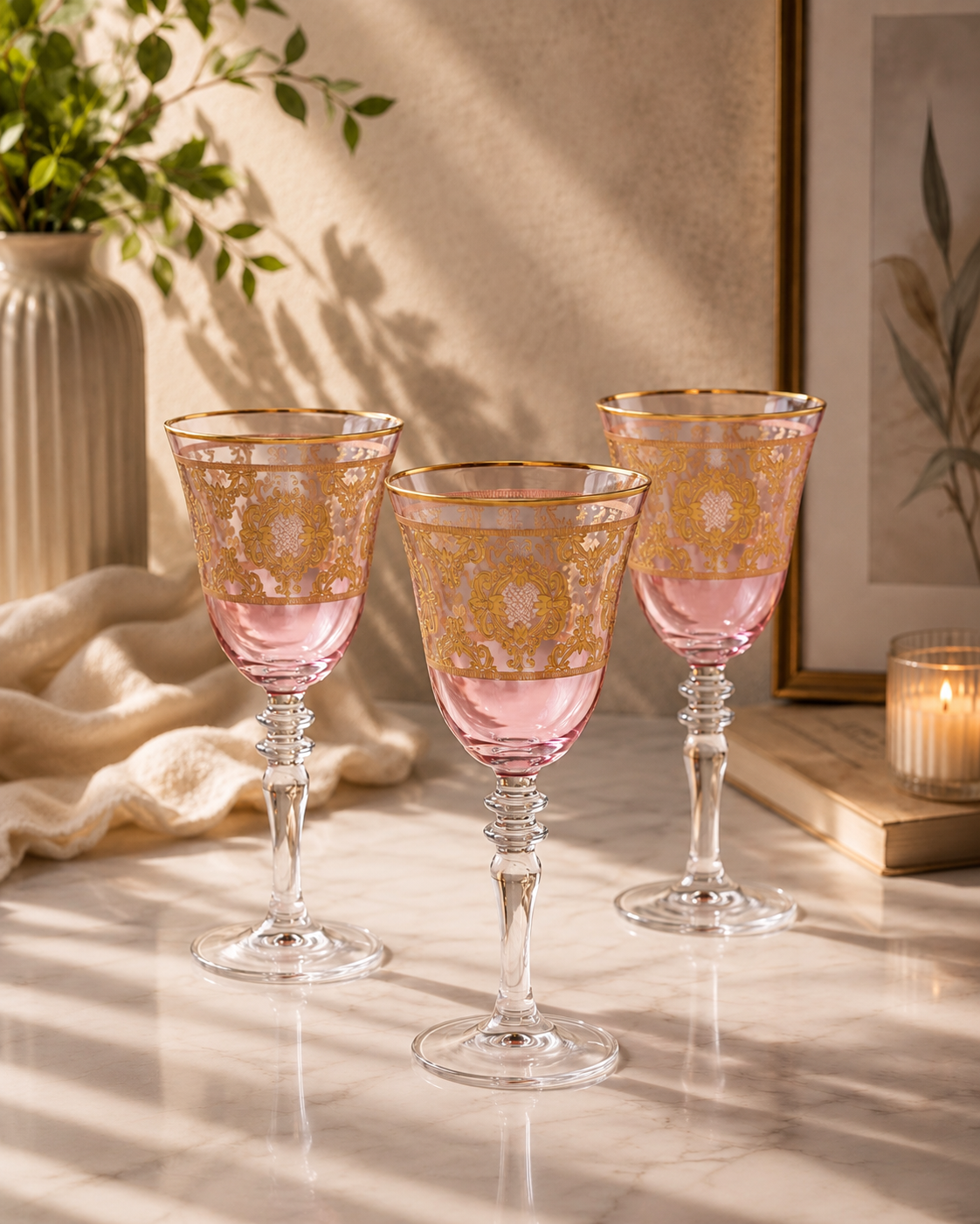 Rosé d’Or 6 Pcs Wine Glasses (Palace Collection, 24K Gold Etched)