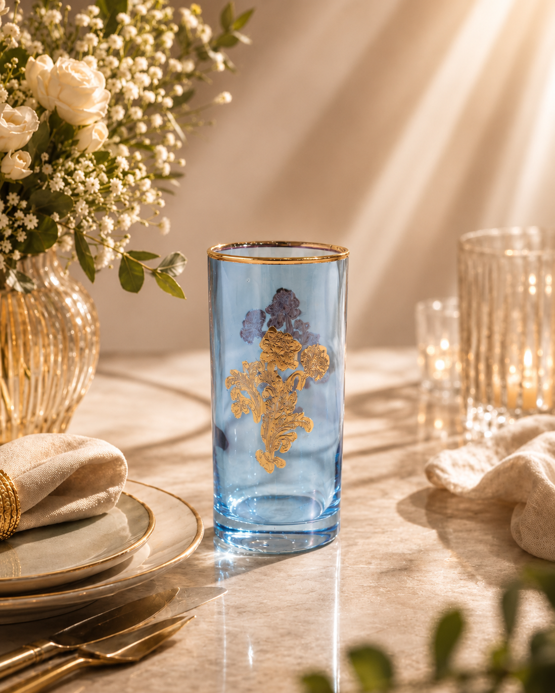 Sapphire Wisteria 6 Pcs Water Glasses (Palace Collection, 24K Gold Etched)