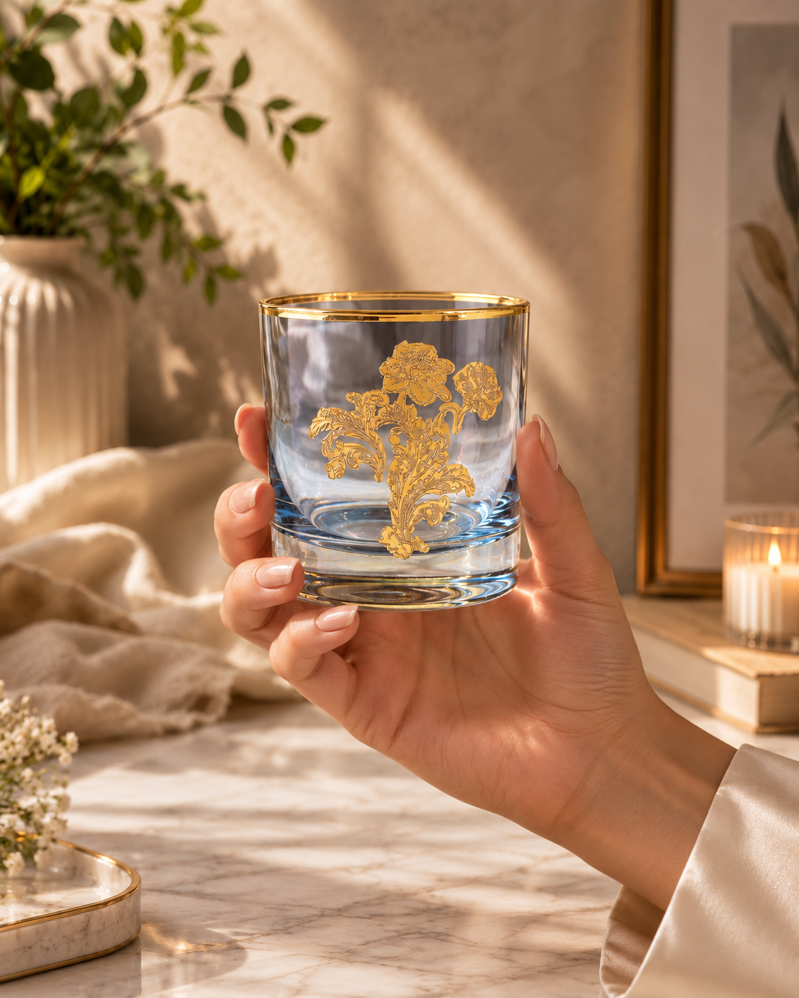 Sapphire Wisteria 6 Pcs Whiskey Glasses (Palace Collection, 24K Gold Etched)