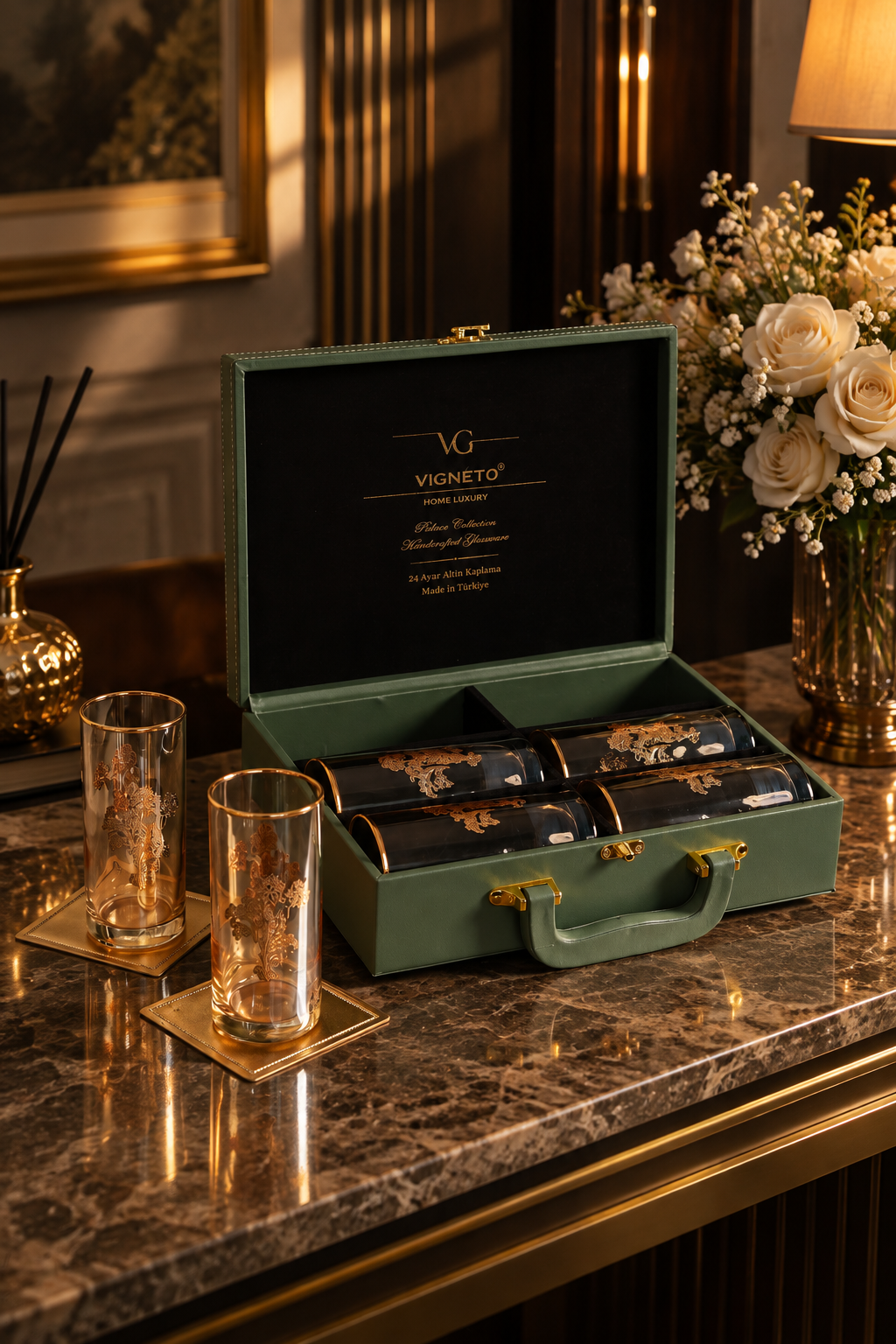 Amber Wisteria 6 Pcs Water Glasses (Palace Collection, 24K Gold Etched) - Vigneto
