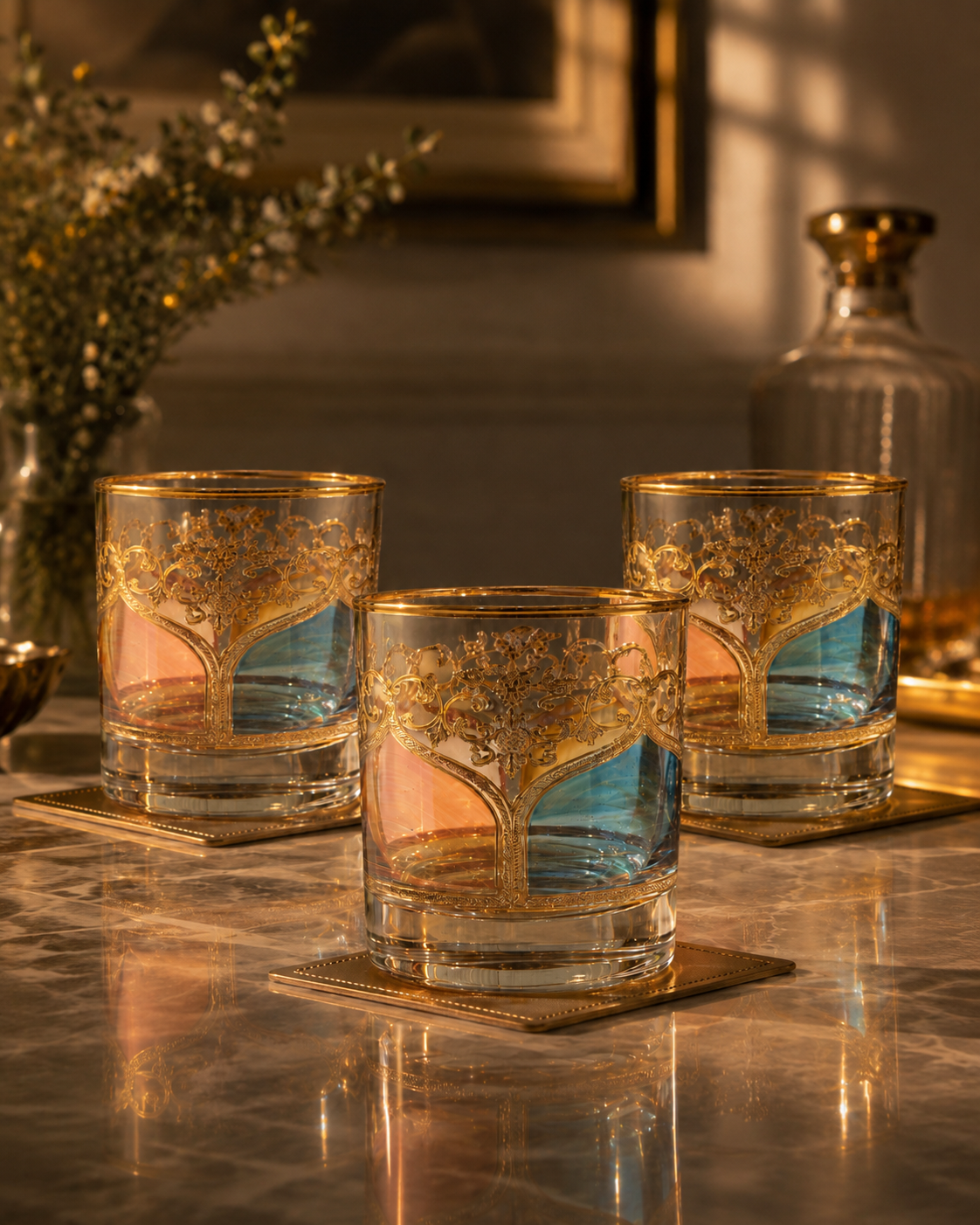 Bellecour Gold 6 Pcs Whiskey Glasses (Palace Collection, 24K Gold Etched)