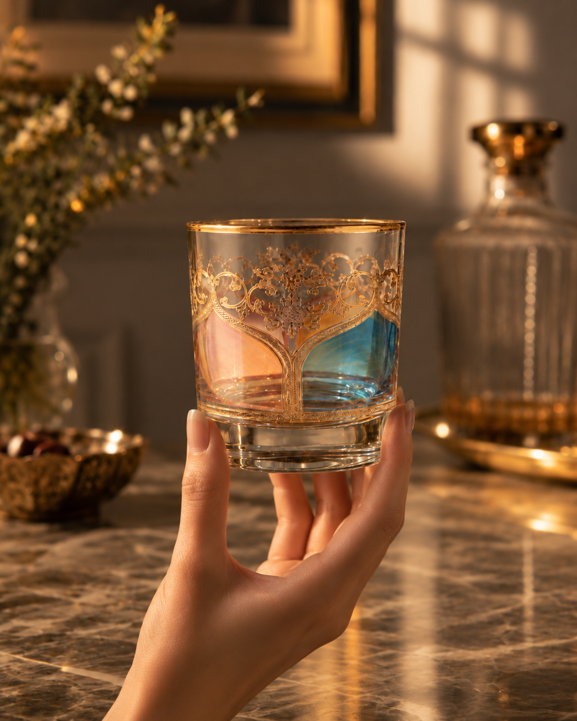 Bellecour Gold 6 Pcs Whiskey Glasses (Palace Collection, 24K Gold Etched)