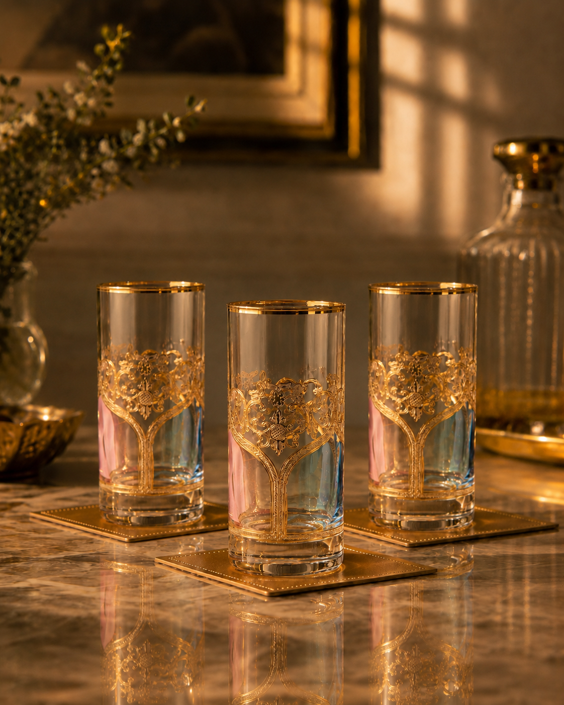 Bellecour Gold 6 Pcs Water Glasses (Palace Collection, 24K Gold Etched)