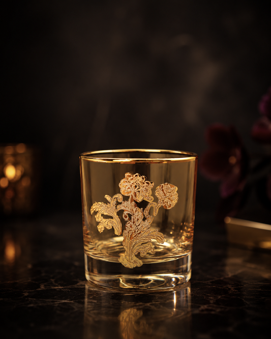 Amber Wisteria 6 Pcs Whiskey Glasses (Palace Collection, 24K Gold Etched)
