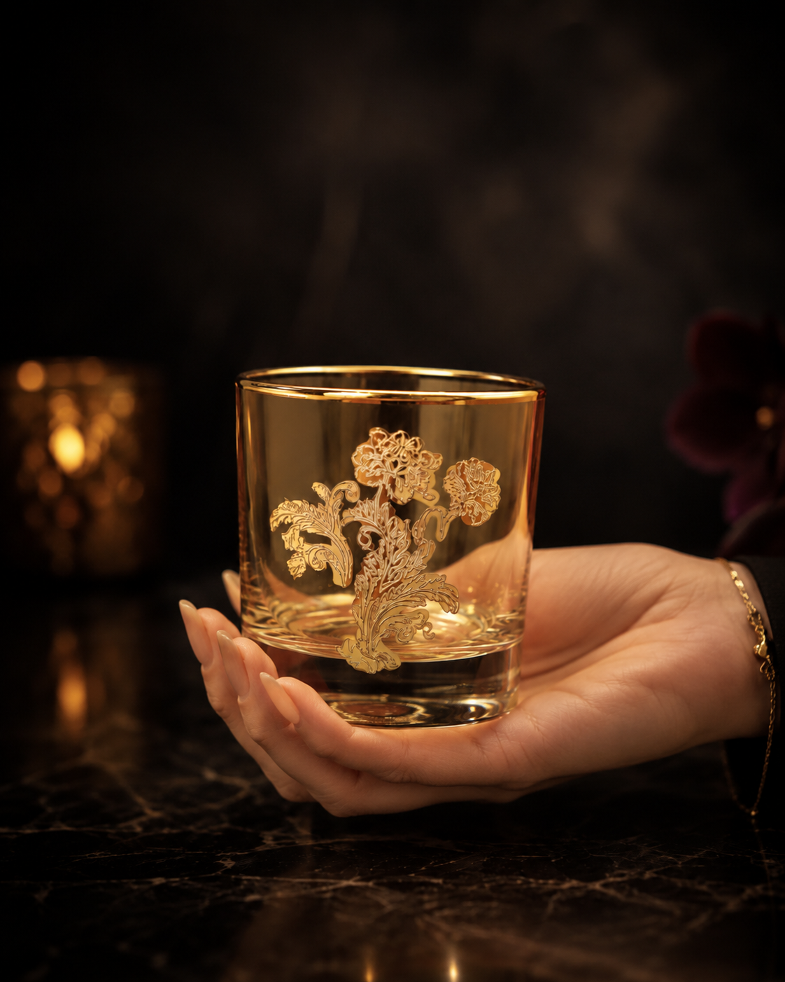 Amber Wisteria 6 Pcs Whiskey Glasses (Palace Collection, 24K Gold Etched)