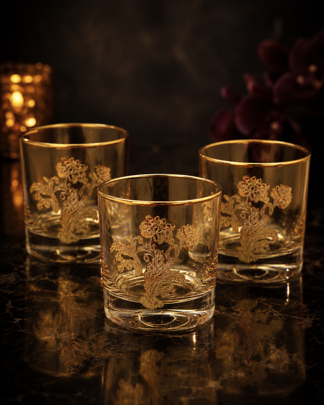 Amber Wisteria 6 Pcs Whiskey Glasses (Palace Collection, 24K Gold Etched)