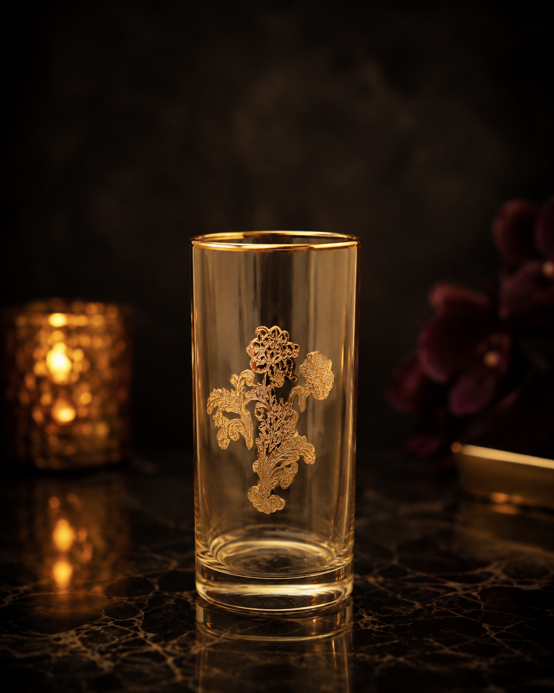 Amber Wisteria 6 Pcs Water Glasses (Palace Collection, 24K Gold Etched)