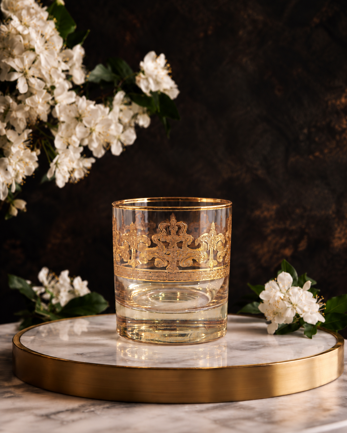 Gilded Amber 6 Pcs Whiskey Glasses (Palace Collection, 24K Gold Etched)