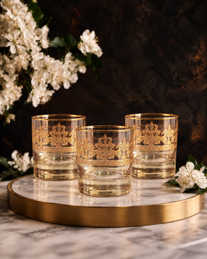Gilded Amber 6 Pcs Whiskey Glasses (Palace Collection, 24K Gold Etched)