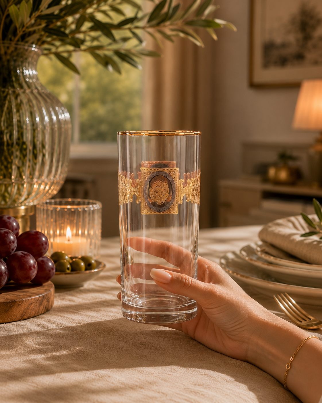 Versailles Crest 6 Pcs Water Glasses (Palace Collection, 24K Gold Etched)