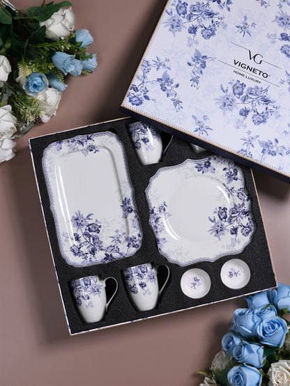 Jardin de Jouy 8 Pcs Coffee & Platter Set (4 Mugs, 1 Square Platter, 1 Snack Platter, 2 Dip Bowls) - Vigneto
