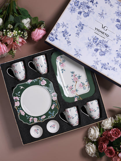 Victorian Green 8 Pcs Coffee & Platter Set (4 Mugs, 1 Square Platter, 1 Snack Platter, 2 Dip Bowls)
