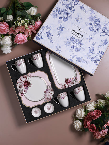 Rose Garden 8 Pcs Coffee & Platter Set (4 Mugs, 1 Square Platter, 1 Snack Platter, 2 Dip Bowls)