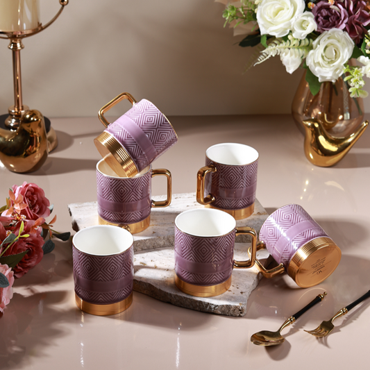 Mauve Set of 6 Mugs (Metal Collection, 24K Gold, 180 ML)