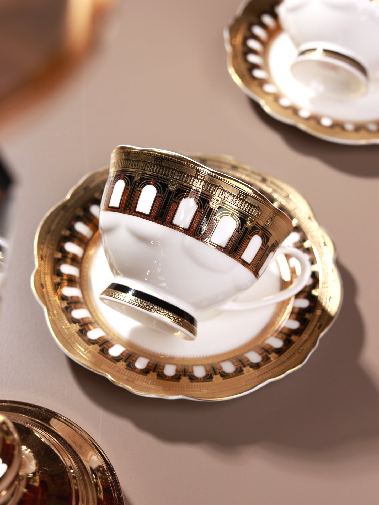 Colosseum Gold Cup and Saucer Set (Set of 6, Palace Collection, 24K Embossed Gold)