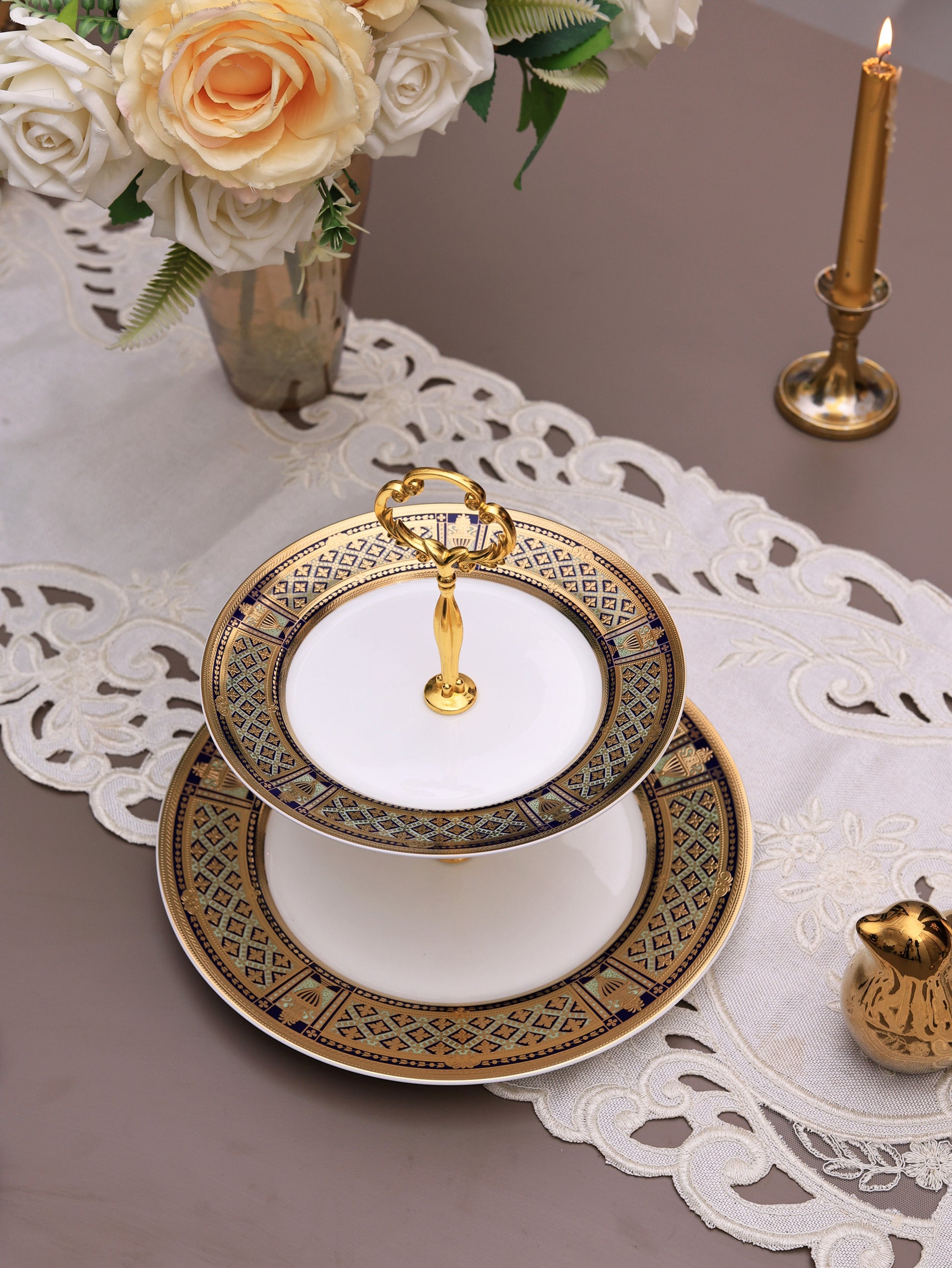 Tresor du Palais Two Tier Dessert Stand (Palace Collection, 24K Embossed Gold) - Vigneto
