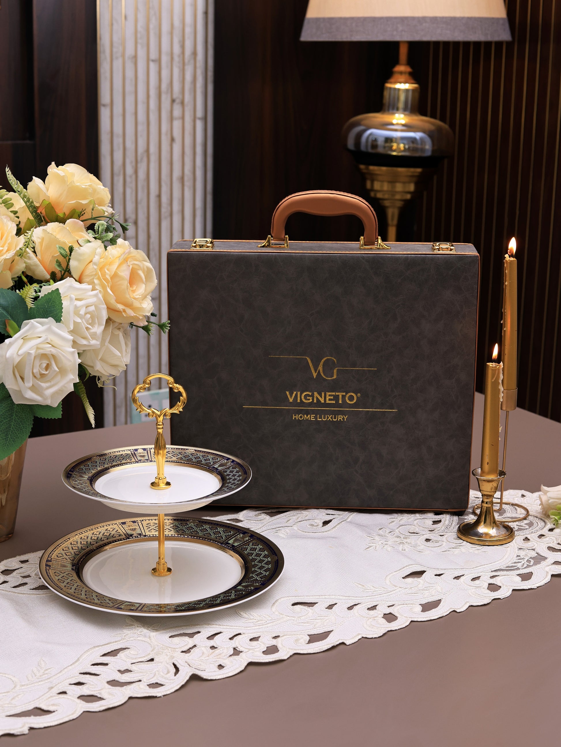 Tresor du Palais Two Tier Dessert Stand (Palace Collection, 24K Embossed Gold) - Vigneto